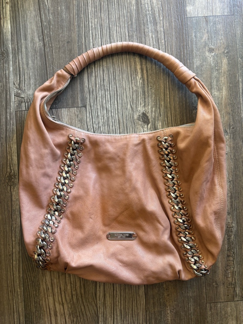 Michael Kors Pebbled Leather Shoulder Hobo in Dusty Tan with Chain Trim